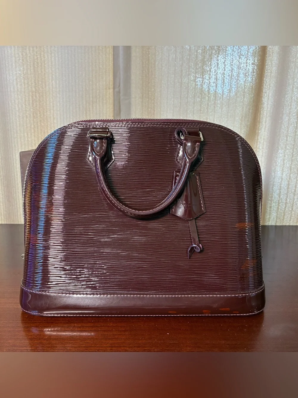 Louis Vuitton Patent Alma Satchel - Plum Full Inclusion
